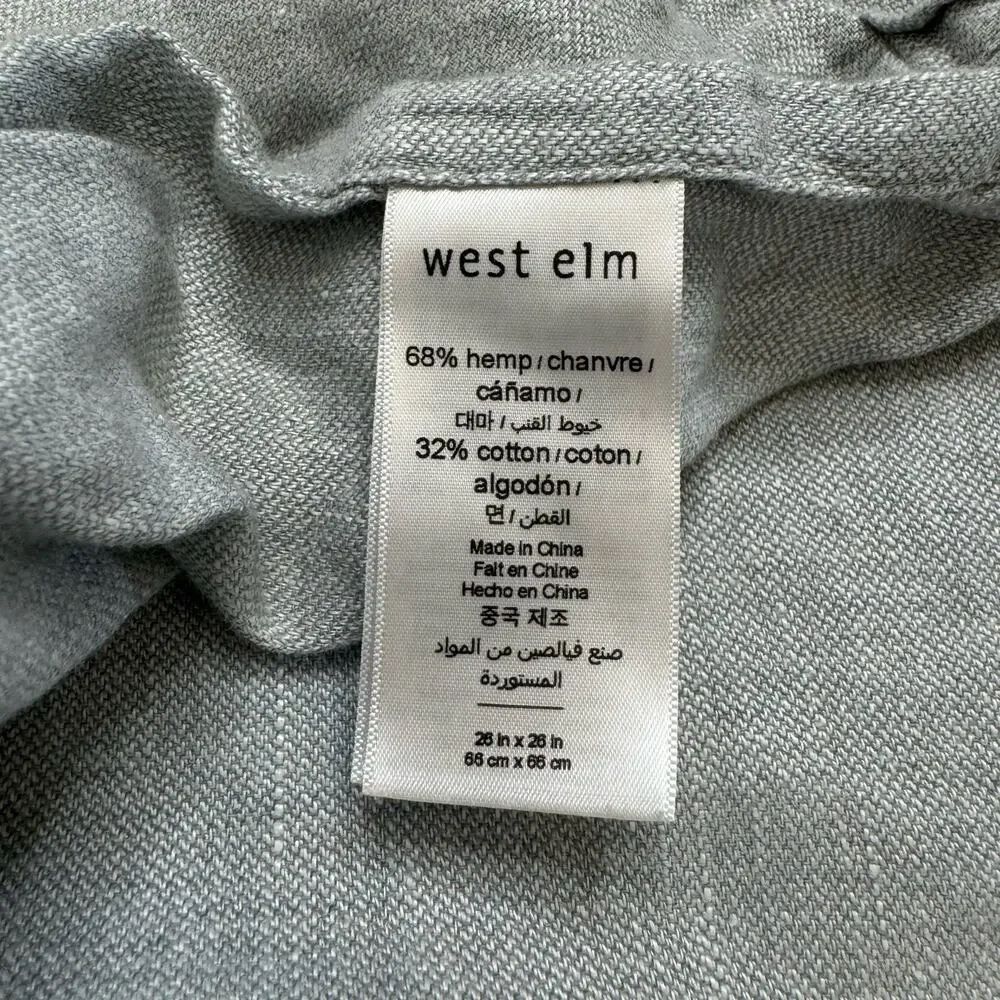 WEST ELM Hemp Cotton Light Gray 26x26 in. Pillow Sham Case Woven Bedding
